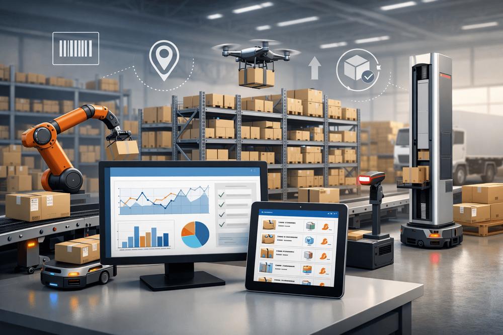 MRP procurement illustration with material boxes, stock overview and purchase order suggestion